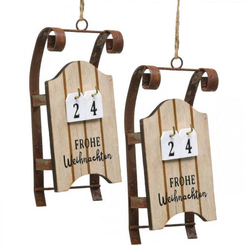 Dekoracyjne sanie drewniane kalendarz adwentowy rdzawy dł.14,5cm 2szt
