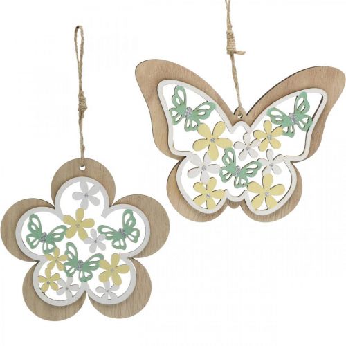 Produkt Motyl do zawieszenia, drewniana zawieszka kwiatek, wiosenna dekoracja z brokatem wys.11/14,5cm 4szt