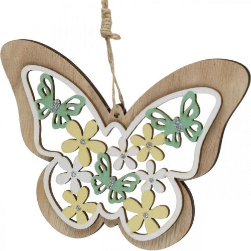 Produkt Motyl do zawieszenia, drewniana zawieszka kwiatek, wiosenna dekoracja z brokatem wys.11/14,5cm 4szt
