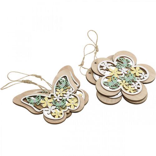 Produkt Motyl do zawieszenia, drewniana zawieszka kwiatek, wiosenna dekoracja z brokatem wys.11/14,5cm 4szt