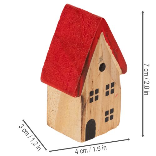 Drewniany zestaw dekoracyjnych domków z czerwonymi dachami i jodłami, 12 cm, 6 elementów | Floristik24.pl