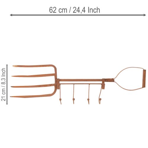 Zardzewiały metalowy wieszak na haki, dekoracyjny widły do siana, dekoracja ogrodowa, 4 haki, 62 cm | Floristik24.pl