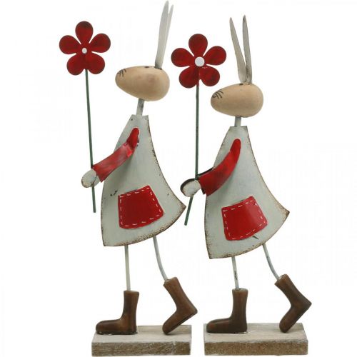 Produkt Ozdoba wielkanocna, królik metalowy, dekoracja wiosenna, Zajączek z kwiatkiem czerwony, beżowy W21cm 2szt