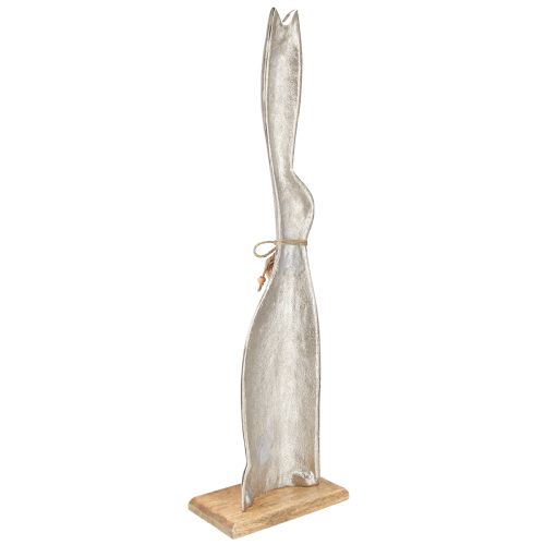 Produkt Dekoracyjny króliczek srebrny na drewnianej podstawie – Elegancka figurka wielkanocna z zawieszką w kształcie serca wys. 60 cm