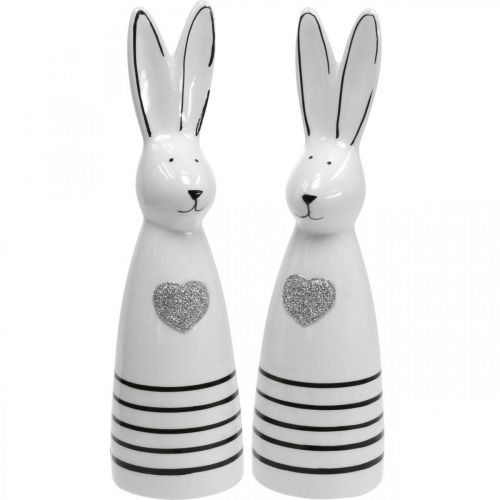 Floristik24 Królik ceramiczny czarno-biały, zając wielkanocny para królików z sercem W20,5cm 2szt