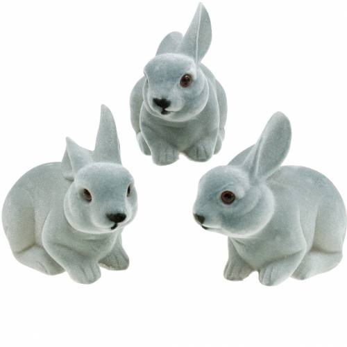 Floristik24 Deco rysunek królik szary, dekoracja wiosenna, siedzący króliczek wielkanocny flokowany 3 szt