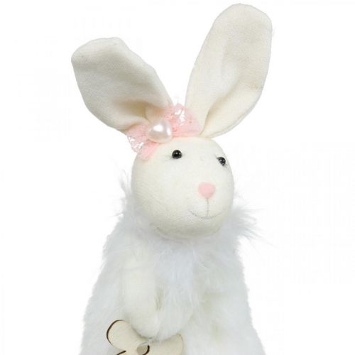 Floristik24 Zajączek do powieszenia, dekoracja wielkanocna, zawieszka wiosenna, zajączek wielkanocny z kwiatkiem biały, naturalny wys.21cm 6szt