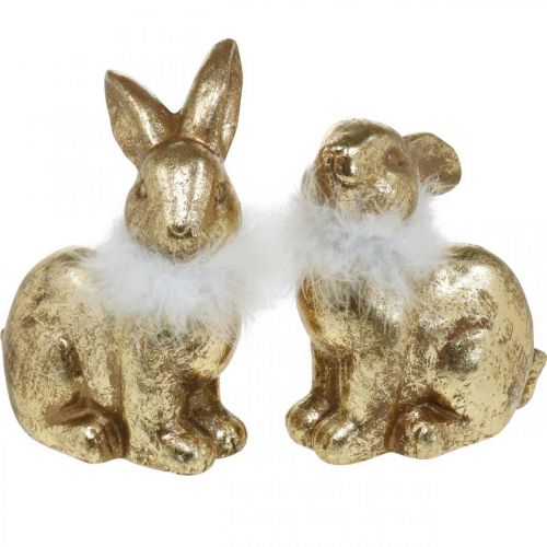 Produkt Złoty królik siedzący w kolorze złotym terakota z piórami wys. 20 cm 2 szt.