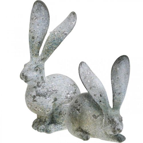 Ozdobny królik, figura ogrodowa o wyglądzie betonu, shabby chic, dekoracja wielkanocna ze srebrnymi akcentami wys. 21/14 cm zestaw 2 szt.