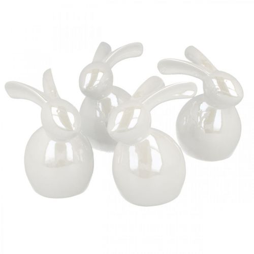 Floristik24 Zajączek dekoracyjny, dekoracja wielkanocna, ceramiczny króliczek wielkanocny biały, masa perłowa wys.9,5cm 4szt