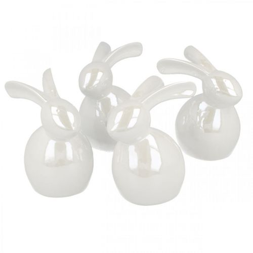 Floristik24 Zajączek dekoracyjny, dekoracja wielkanocna, ceramiczny króliczek wielkanocny biały, masa perłowa wys.9,5cm 4szt