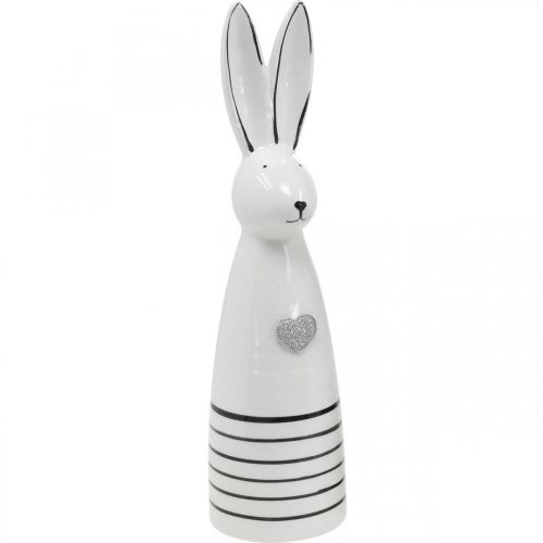 Floristik24 Ceramiczny króliczek w rożek białe czarne serce w paski wys. 30 cm