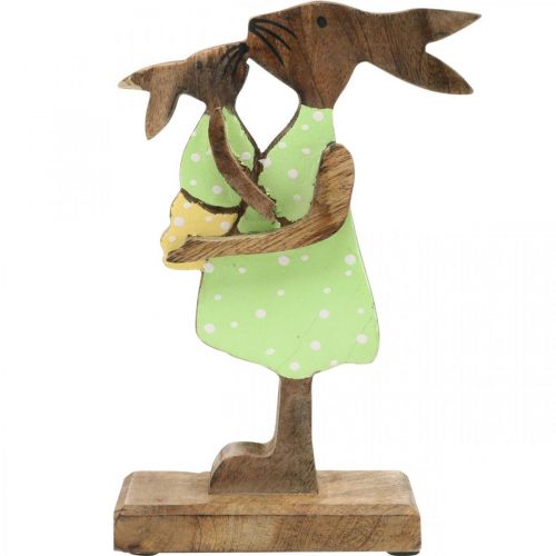 Produkt Króliczek mama z dzieckiem, dekoracja wielkanocna, wiosna, zając wielkanocny z drewna, naturalny, zielony, żółty W22cm