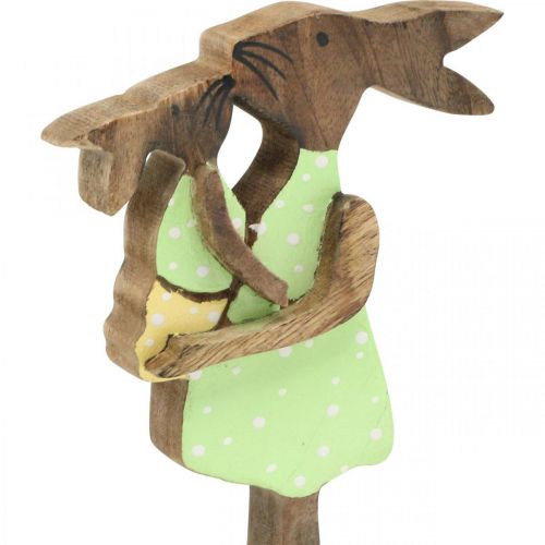 Produkt Króliczek mama z dzieckiem, dekoracja wielkanocna, wiosna, zając wielkanocny z drewna, naturalny, zielony, żółty W22cm