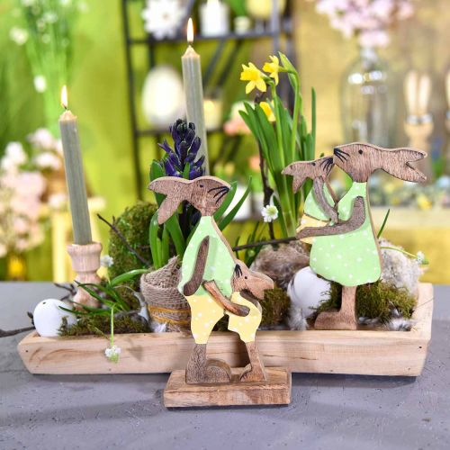 Produkt Króliczek mama z dzieckiem, dekoracja wielkanocna, wiosna, zając wielkanocny z drewna, naturalny, zielony, żółty W22cm