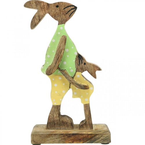 Produkt Zajączek z dzieckiem, dekoracja wiosenna z drewna, ojciec królik, natura wielkanocna, zielony, żółty wys.22cm