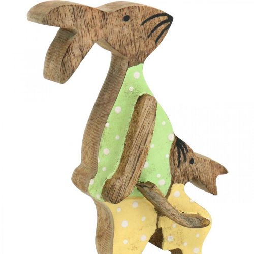 Produkt Zajączek z dzieckiem, dekoracja wiosenna z drewna, ojciec królik, natura wielkanocna, zielony, żółty wys.22cm