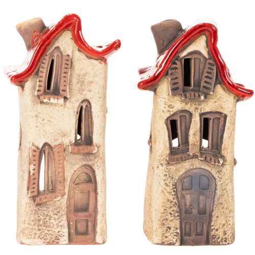 Ceramiczna dekoracja domku z czerwonym dachem, podświetlany domek, 15cm, 2 sztuki | Floristik24.pl