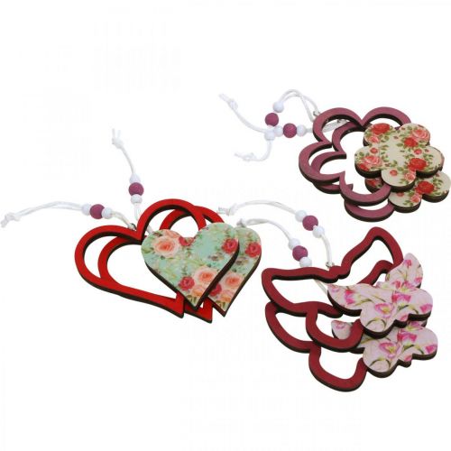 Produkt Wiosenna zawieszka, motylkowe serce, drewniana dekoracja z kwiatowym wzorem W8,5/9/7,5cm 6 szt