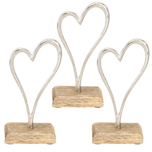 Produkt Dekoracja w kształcie serca Metalowa podstawa z drewna Naturalne srebro H15,5 cm 3 szt.