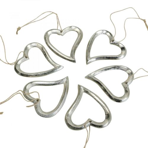 Produkt Ozdoba serce do zawieszenia metalowe serce srebrne 7,5 × 8,5 cm 6 sztuk