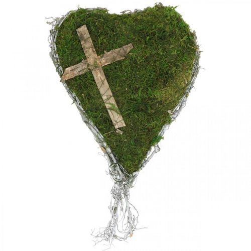 Dekoracja grobu serce z winorośli, mech z krzyżem do aranżacji grobu 30×20cm