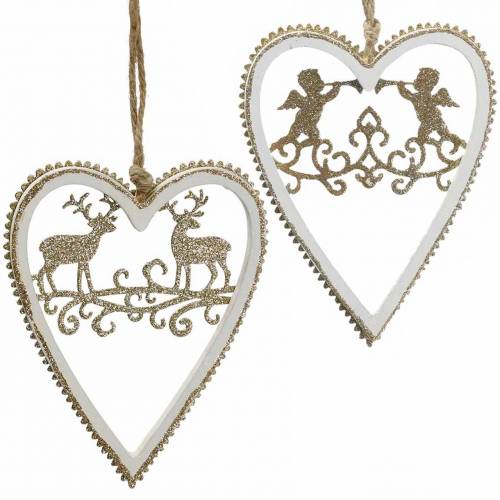 Produkt Serca do zawieszenia z wkładką drewnianą, tworzywo sztuczne białe, złote, Ø9,2cm W12cm 4 szt