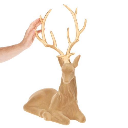Dekoracyjna figurka leżącego jelenia z porożem, zdobienie flokowane, 58 cm | Floristik24.pl