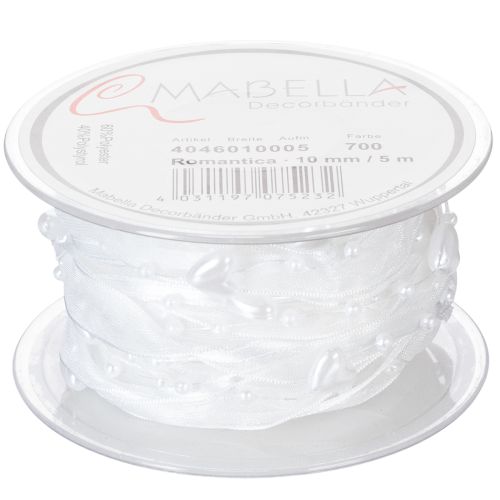 Produkt Wstążka organzowa do dekoracji ślubnej biała 10mm x 5m z serduszkami i perłami