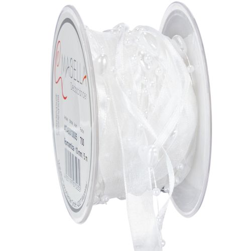 Wstążka organzowa do dekoracji ślubnej biała 10mm x 5m z serduszkami i perłami