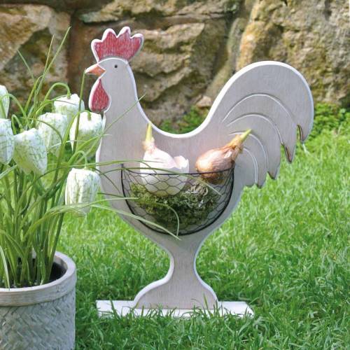 Floristik24 Drewniany kogut z koszykiem, dekoracja wielkanocna, drewniana figurka do sadzenia, dekoracja wiosenna, kurczak deco