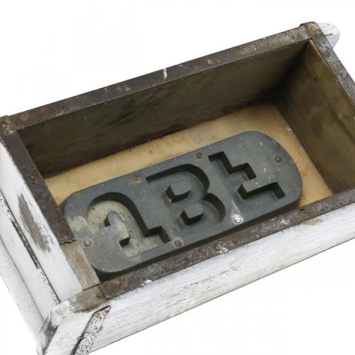Produkt Kształt cegły, pudełko z cegły, drewniane pudełko z metalowymi okuciami, antyczne wykończenie, bielone dł. 32 cm wys. 9 cm
