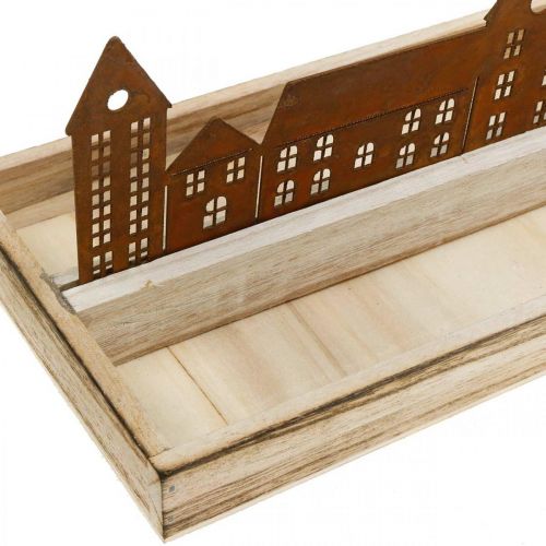 Produkt Taca dekoracyjna drewniana prostokątna z patyną domy 35×15cm