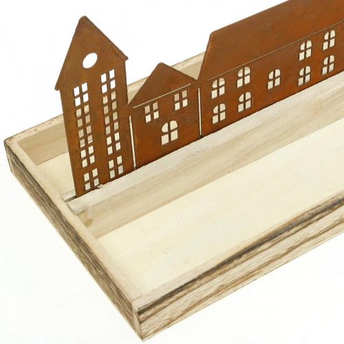 Produkt Taca dekoracyjna drewniana prostokątna z patyną domy 50×17cm