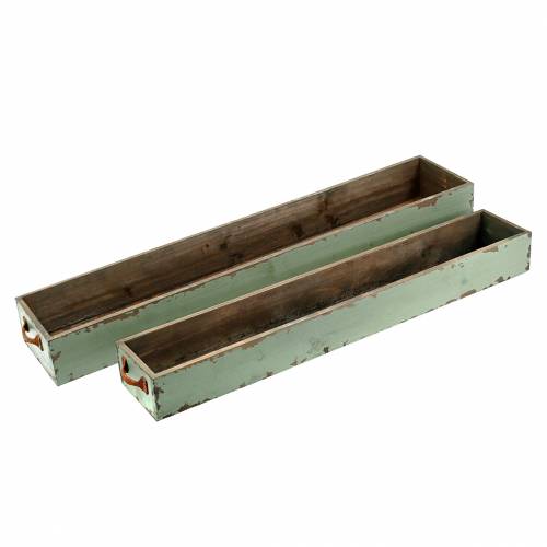 Floristik24 Planter Drewniana skrzynka z uchwytami Antyczna Zieleń 74×14/66×11cm Zestaw 2 szt.