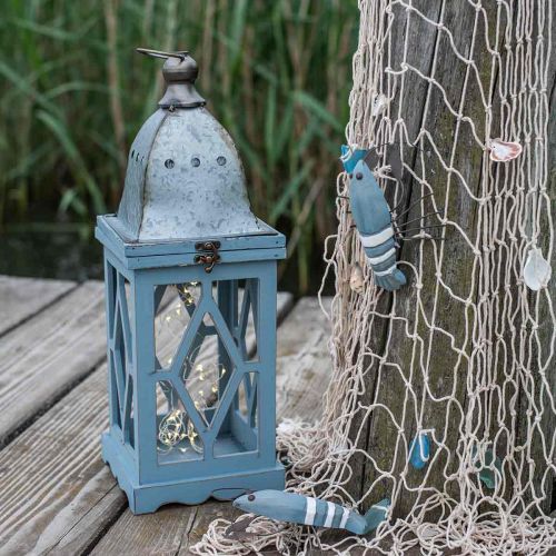 Produkt Drewniana latarnia z metalową dekoracją, dekoracyjna latarnia do zawieszenia, dekoracja ogrodowa niebiesko-srebrna W51cm