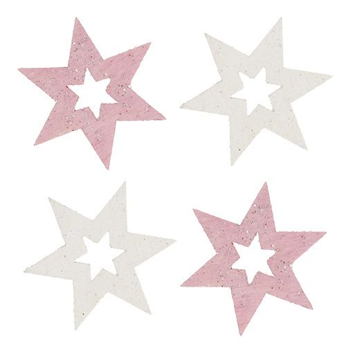 Floristik24 Gwiazda drewniana 3,5cm różowa/biała z brokatem 72szt.