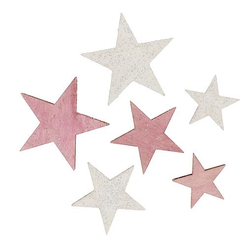 Floristik24 Gwiazdka drewniana 3-5cm różowo-biała z brokatem 24 szt