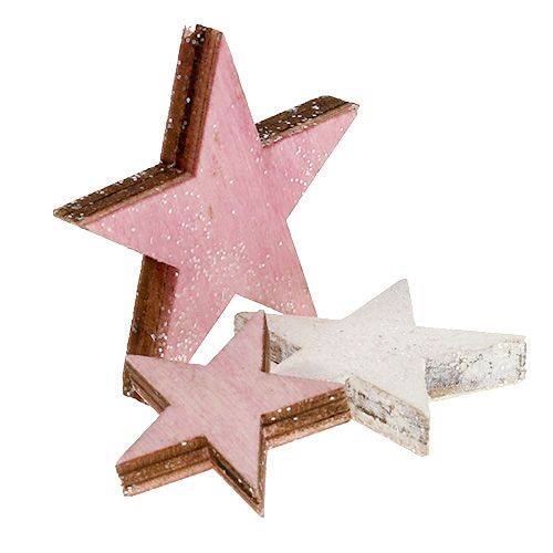 Floristik24 Gwiazdka drewniana 3-5cm różowo-biała z brokatem 24 szt