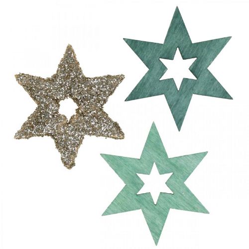 Produkt Dekoracja rozproszona drewniana gwiazda zielona, brokatowa poinsecja mix 4cm 72 szt