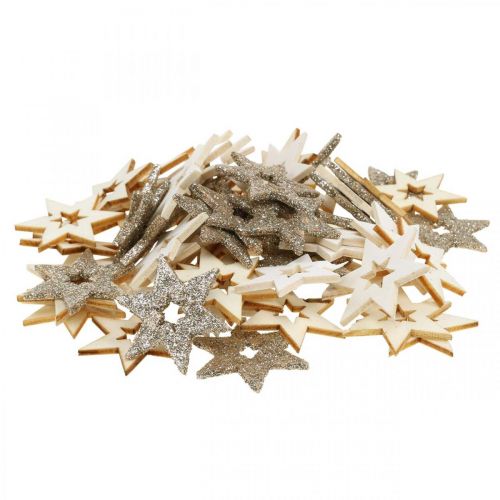 Floristik24 Dekoracja rozproszona drewniana gwiazda naturalna, brokatowa, biała 4cm mix 72 szt