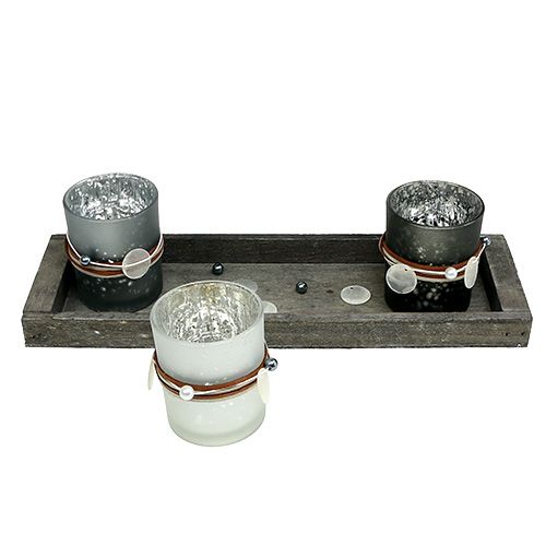 Floristik24 Drewniana taca z 3 słoikami na tealight Grey, Silver
