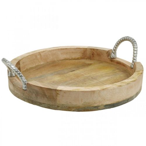 Floristik24 Taca z metalowymi uchwytami, ozdoba drewniana okrągła, prawdziwe drewno, metal naturalny, srebrny Ø31cm