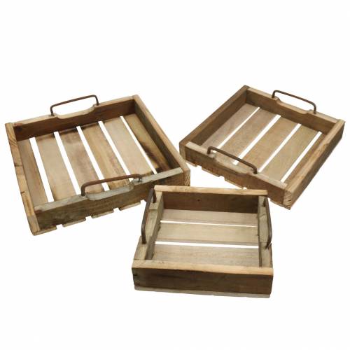 Floristik24 Taca drewniana z metalowymi uchwytami Natural 20/25/30cm Zestaw 3 szt.