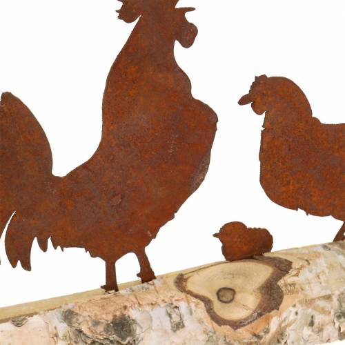 Produkt Rodzina kurczaków metalowa rdza na drewnianej podstawie brzoza 32cm H15,5cm
