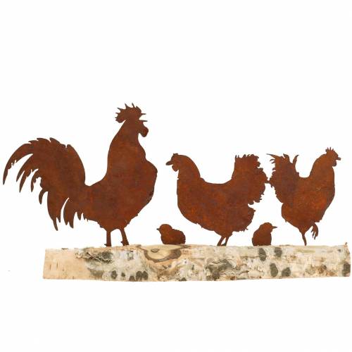Floristik24 Rodzina kurczaków metalowa rdza na drewnianej podstawie brzoza 32cm H15,5cm