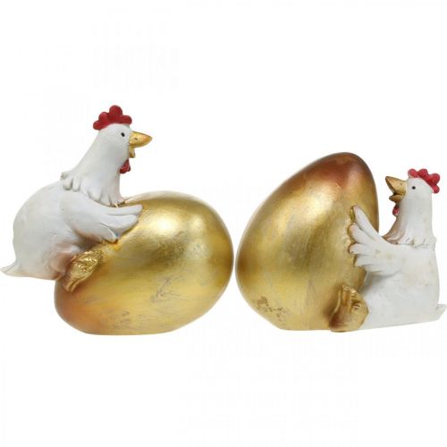 Floristik24 Kurczaki ozdobne z jajkiem wielkanocnym, kury wielkanocne, jajko złote, ozdoba wielkanocna wys.12/11cm zestaw 2