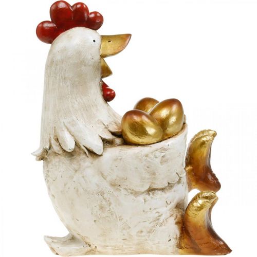Floristik24 Kurczak wielkanocny, kura ozdobna, kurczak ze złotymi jajkami, figura wielkanocna W24cm