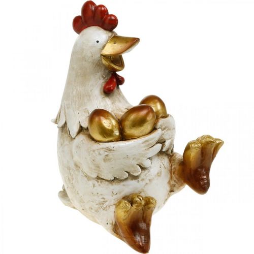 Floristik24 Kurczak wielkanocny, kura ozdobna, kurczak ze złotymi jajkami, figura wielkanocna W24cm