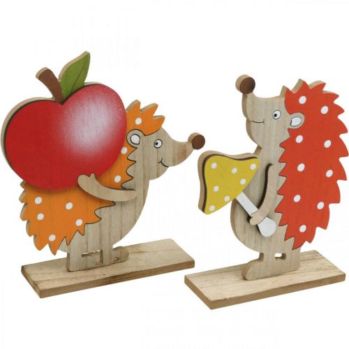 Jesienna figurka, Jeż z jabłkiem i grzybem, drewniana dekoracja pomarańczowa/czerwona H24/23,5cm Zestaw 2 szt.